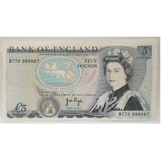 GREAT BRITAIN UK 1973 . FIVE  5 POUNDS BANKNOTE . ERROR . WET INK TRANSFER